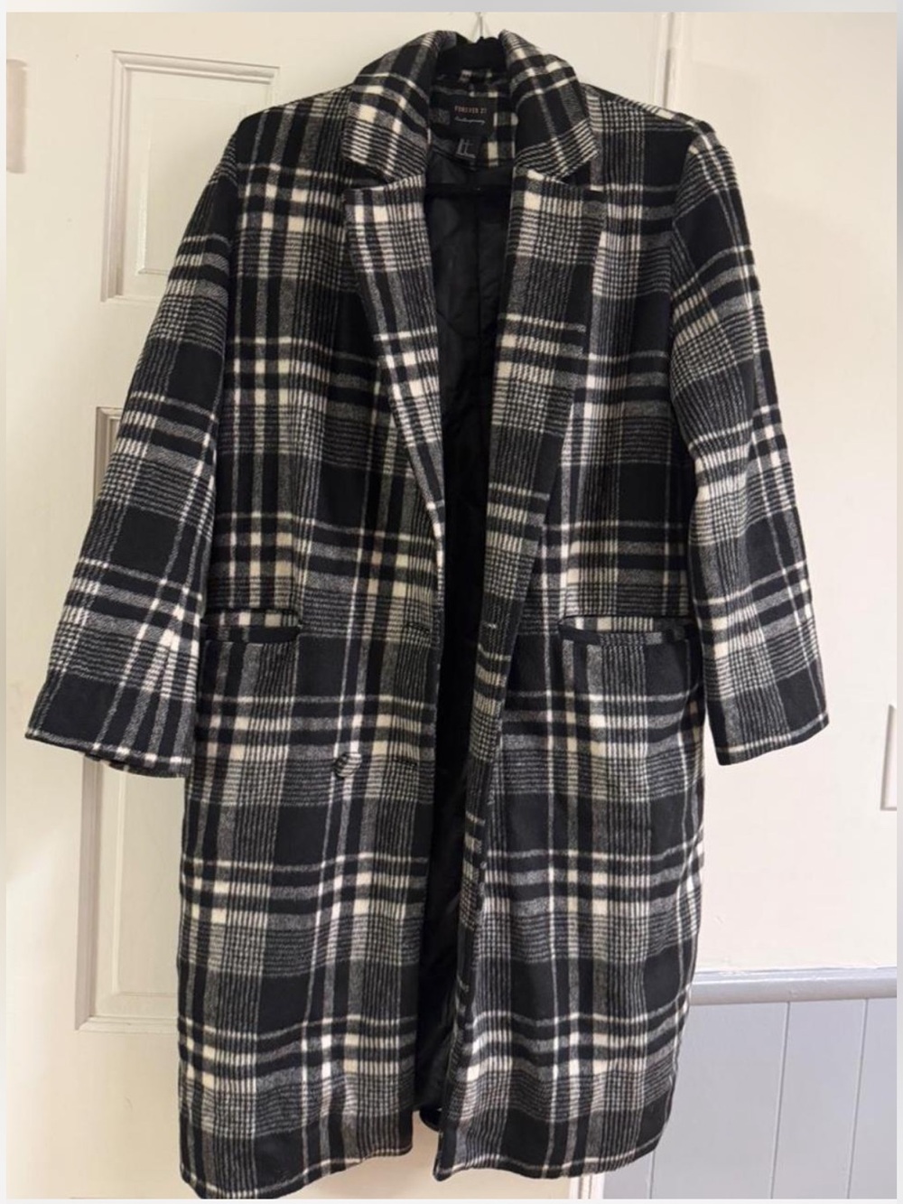 Forever 21 Black and White Plaid Pea Coat